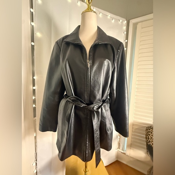 Y2K Worthington Genuine Leather Black Belted Zip Jacket Women’s XL - Picture 1 of 6